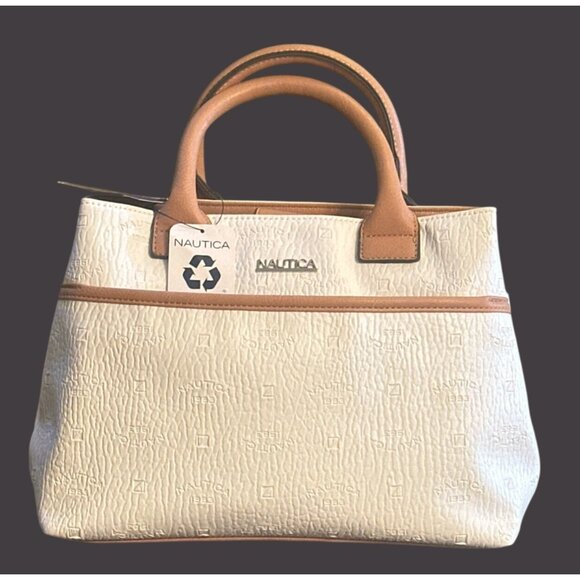 Nautica White,‎ Tan Satchel Handbag Dual Handles 3 Compartments 2 Zipper Pockets - Picture 1 of 10